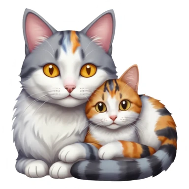 grey and white cat cuddling a colourful light patched calico + white tabby cat sticker