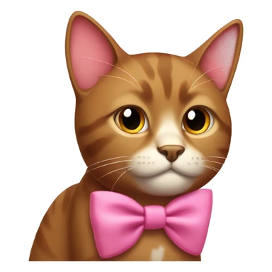 Brown cat with pink bow and a tired face sticker