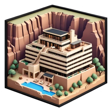 Grand Canyon National Park lodge, isometric exterior, dollhouse-style, realistic sticker