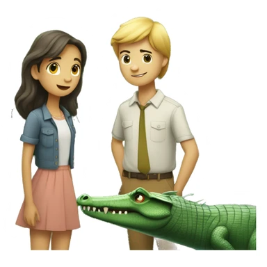 A girl and a guy meeting by and tree and behind the tree and a crocodile secretly watching sticker