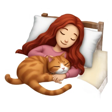 Girl  with  long dark red  hair  cuddling cat  in  bed  while napping sticker