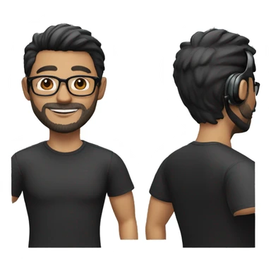 Create a Memoji-style avatar of a man with short black hair, glasses, and a beard. He is smiling and wearing a black shirt. He also has a pair of headphones around his neck. sticker