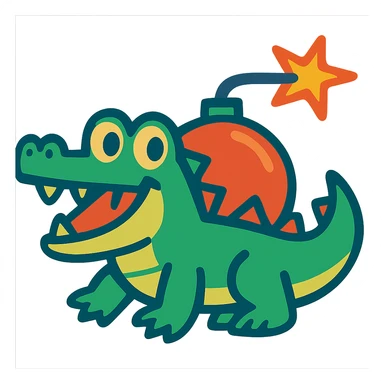 A cartoon crocodile with a bomb on its back, vibrant colors, playful expression sticker