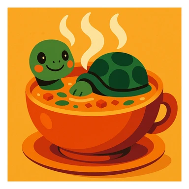 a steaming bowl of soup with a turtle peeking out, whimsical, warm tones sticker