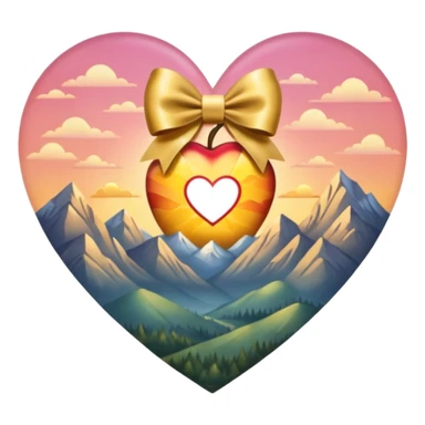 heart with a sunrise over mountains, gold bow with heart pattern on the bow, apple emoji style sticker
