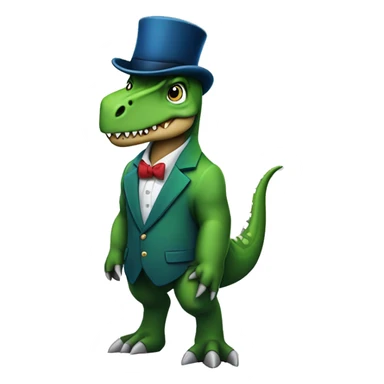 A dinosaur wearing a blue blazer dino green colour and has a top hat on with a horse and 2 lamce logo on both blazer snd hat and the dino is terex side facing view just like apple emojis sticker