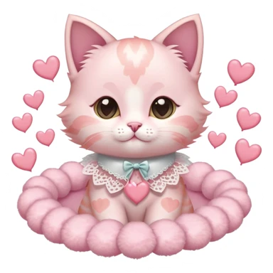 A pastel pink kitten with heart-shaped markings, a lace ribbon collar, surrounded by floating hearts. sticker