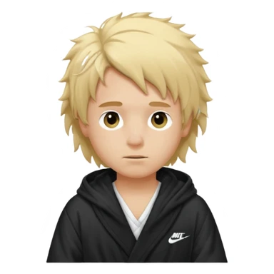 Create a blond boy with long, messy hair, light eyes, a white t-shirt, rich, with long hair, blue eyes, medium-length, voluminous hair, wearing a black Nike bathrobe and a little blush near his nose. and with a  balaclava, but showing her hair. sticker
