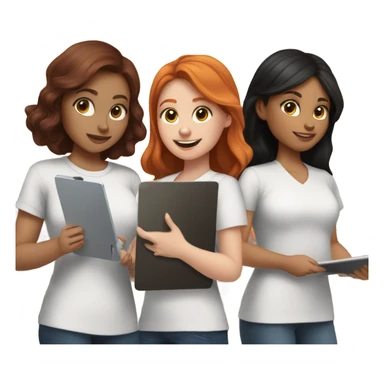 Girl with black hair, brunette girl, and redhead girl conducting surveys on clipboards and ipads sticker