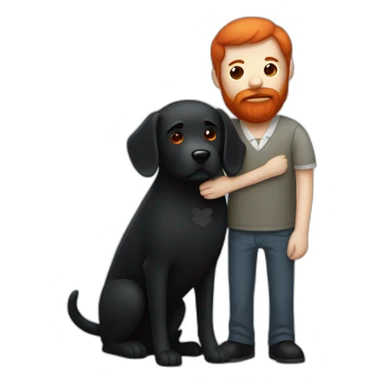 a serious slender man with a red beard hug a black Labrador sticker