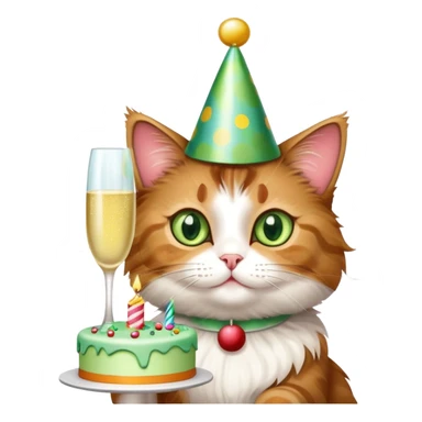 tricolor fluffy cat with big green eyes celebrating her birthday with a cake and champagne sticker