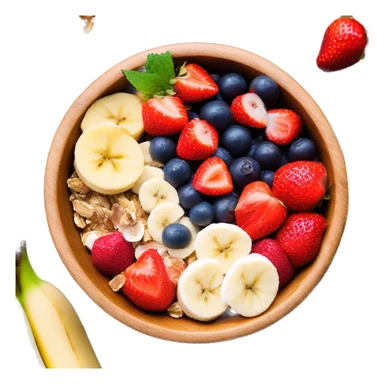 acai bowl in a wood bowl with bananas nutella strawberries granola honey and coconut flakes sticker