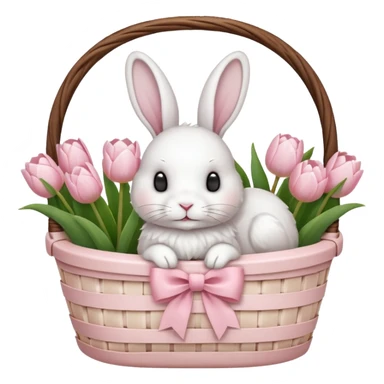 A white Picnic basket with light pink bow, white peonie, tulips and a white rabbit inside sticker