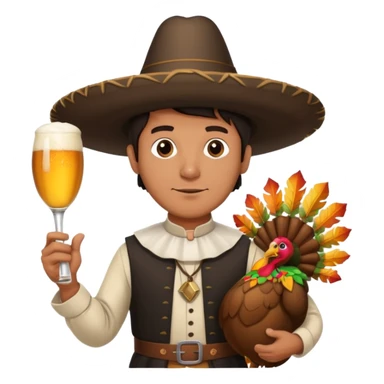 Mexican man dressesd as  Thanksgiving pilgram holding a large drumstick and Corona beer sticker