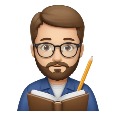 bearded man with glasses studying sticker