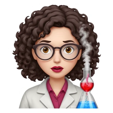 A crazy female scientist, with curly-wavy dark brown medium lenght hair, brown eyes and light grey glasses and pale skin and pinkish lips, dressed to look like an english teacher but in neutral tones like grey black white, maybe with the pop of dark red, with no girly colors, she should look mad sticker