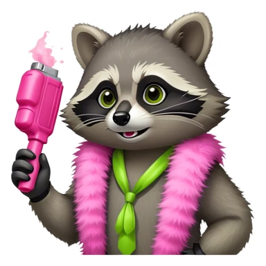 Raccoon wearing a lime green boa holding pink pepper spray sticker
