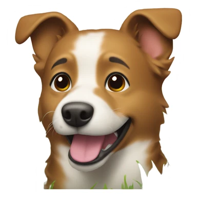 happy dog in the grass, right side of the face has brown fur sticker