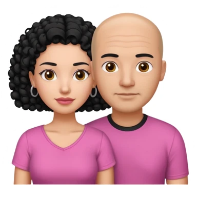 A picture if a couple. the man is a Mexican man with  black hair, a bald hair cut and black shirt on. the woman is mixed with black and white, with curly shoulder length hair and a pink shirt on sticker