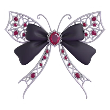 gothic bow, black velvet, silver spiderweb filigree, deep ruby gemstone, ornate and dramatic sticker