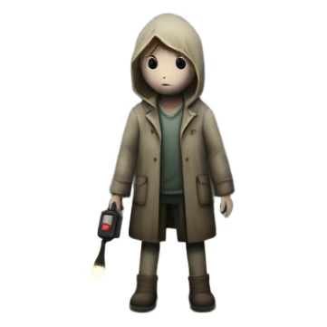 An icon depicting a dark, foggy street with eerie, abandoned buildings, inspired by Silent Hill 2. The design features a mysterious figure holding a flashlight, casting long shadows. A chilling atmosphere is created by dim lighting and unsettling details. Transparent background. sticker
