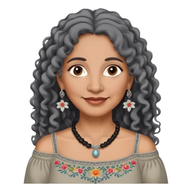Latina woman, about 55 years old, dark warm brown skin, round soft face, long curly black and gray hair, no headband, medium eyes, thin eyebrows, gentle smile, gray peasant blouse with embroidery, bare shoulders, large dark necklace sticker