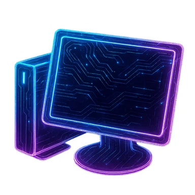 Transform the classic 'My PC' icon into a cyberpunk, holographic style with glowing neon blue and pink edges and circuit patterns throughout the entire icon. Maintain the recognizable desktop computer and monitor shapes, overlaying neon and circuit effects in a consistent futuristic, clean cyberpunk glow style with intricate circuit details. The whole icon should have a transparent background and a consistent cyberpunk glow, similar to previous cyberpunk icons. sticker