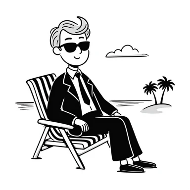 blonde businessman in formal suit sitting in a beach chair on a tropical vacation, relaxing sticker