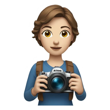 woman with brown short hair and blue eyes holding a nikon camera sticker