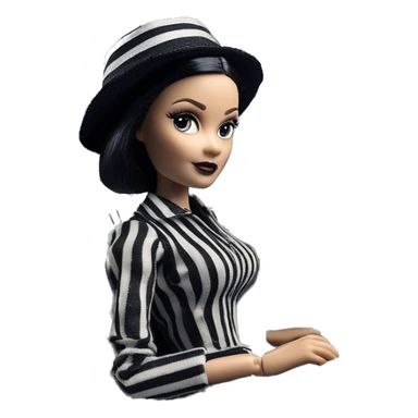 Bouclé Beauty Lingerie Barbie, Wednesday Addams from academy, in dark-gray and black striped outfit with hat. Driving 1965 Mercedes 190 sticker