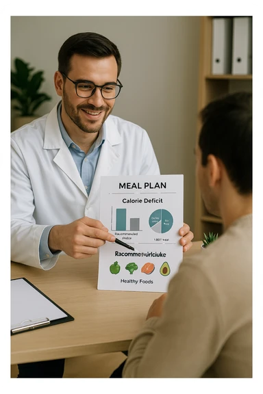 a nutritionist sits at a desk with a client, showing a personalized meal plan and a chart that clearly displays the client’s specific daily caloric deficit. The nutritionist points to the chart, which includes recommended calories, macronutrient breakdown, and healthy food options. The mood is professional, supportive, and educational. in italiano sticker