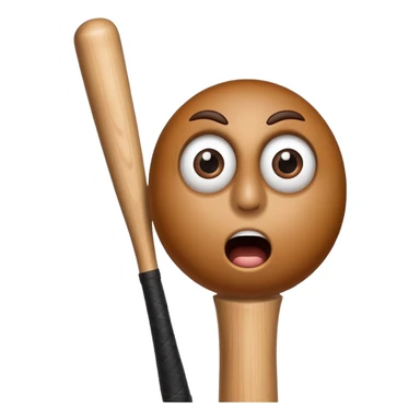Classic wooden baseball bat with a face having round eyes, a small nose, and a surprised mouth sticker