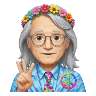 elderly man with long grey hair, glasses, peace sign necklace, tie-dye clothing, flower crown sticker