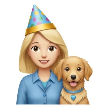 Female blonde with a birthday hat standinf w a golden retriever  sticker