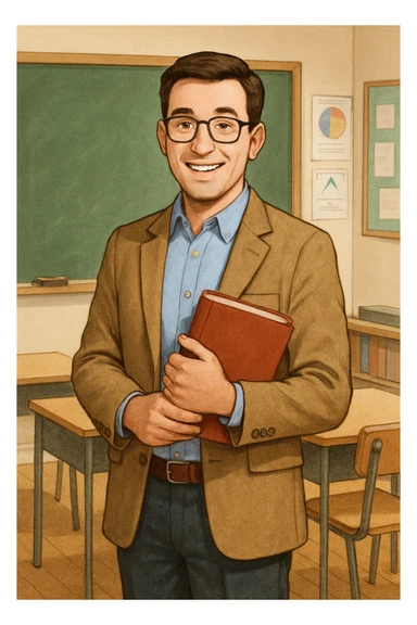 A friendly teacher character, standing and smiling, holding a book, in a classroom setting, approachable and professional. sticker