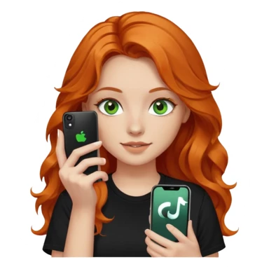 Girl with dark long orange wavy hair, green eyes, and black t-shirt and phone with tiktok app on hands sticker