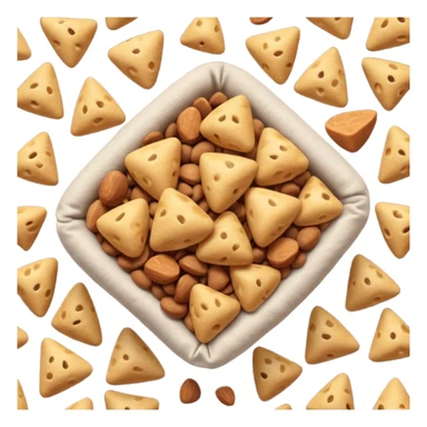 small handful of dry pet food pieces in varied shapes round triangular pillow-like warm brown tones slightly rough matte texture irregularly scattered crunchy bite-sized format no bowl packaging or extras just croquettes soft lighting subtle shadows emoji scale sticker