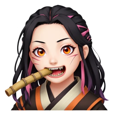 Nezuko from Demon Slayer biting down on bamboo muzzle with teeth visible, pink eyes and black hair with orange tips sticker