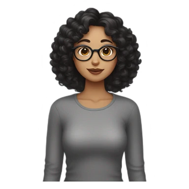 A curly woman with black hair and glasses, a big nose, eyebrows close to the eyes and a small sweet spot under the lips on the left side holds a gray cat sticker