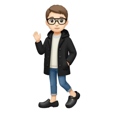 boy with glasses, short height, wearing crocs and a black coat sticker