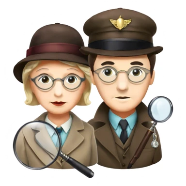 Icon for Detective Movies: A colorful collage with Sherlock Holmes, Miss Marple, and Pinkerton. Include magnifying glasses, clues, detective tools, a criminal and a policeman in the background. The design should evoke mystery and intrigue, with a classic detective movie feel. Transparent background. sticker