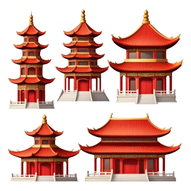 Traditional Chinese architecture with pagoda roofs, red columns, ornate details sticker