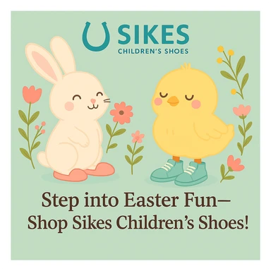 Keep the Sikes Children's Shoes logo in the same position as in the original image. Ensure the design features a pastel background, bunny and chick with shoes, floral accents, and the headline: 'Step into Easter Fun—Shop Sikes Children’s Shoes!'. No changes to logo placement. sticker