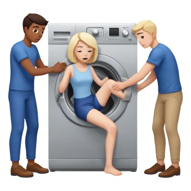 Eine Frau mit dem Kopf  in der Waschmaschine feststeckt und zwei Männer ziehen an ihren Beinen um ihr zu helfen  sticker