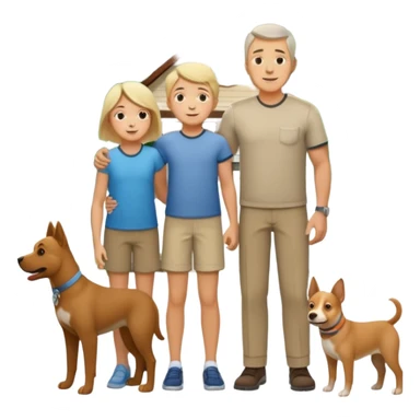 1 Father 1 Mother and 1 young boy who is half as tall as the parents, standing in front of their house with a dog next to them. Everyone should look VERY happy. There MUST be a house behind them with trees and plants sticker