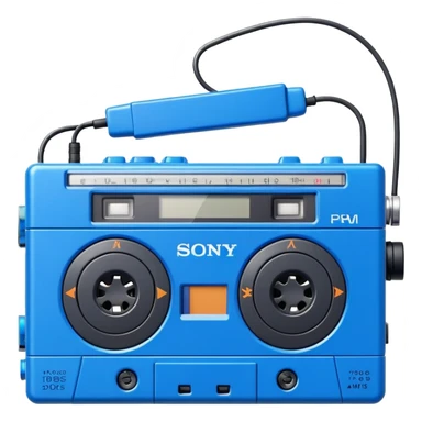 Blue Sony Walkman portable cassette player from the 1980s with headphones sticker