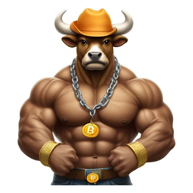 Bull ready to charge wearing bitcoin hat sticker