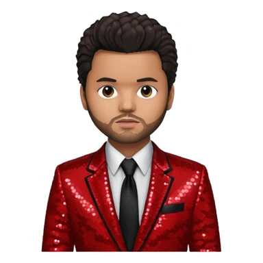 The Weeknd with dark brown hair, red sequin suit jacket, black shirt with tie sticker