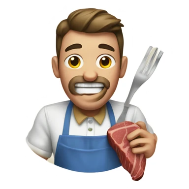 Man in an apron biting into a steak sticker