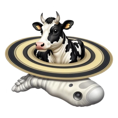 A black and white spotted cow head on top of the planet Saturn with its rings, and enormous human feet wearing shoes supporting the whole structure sticker